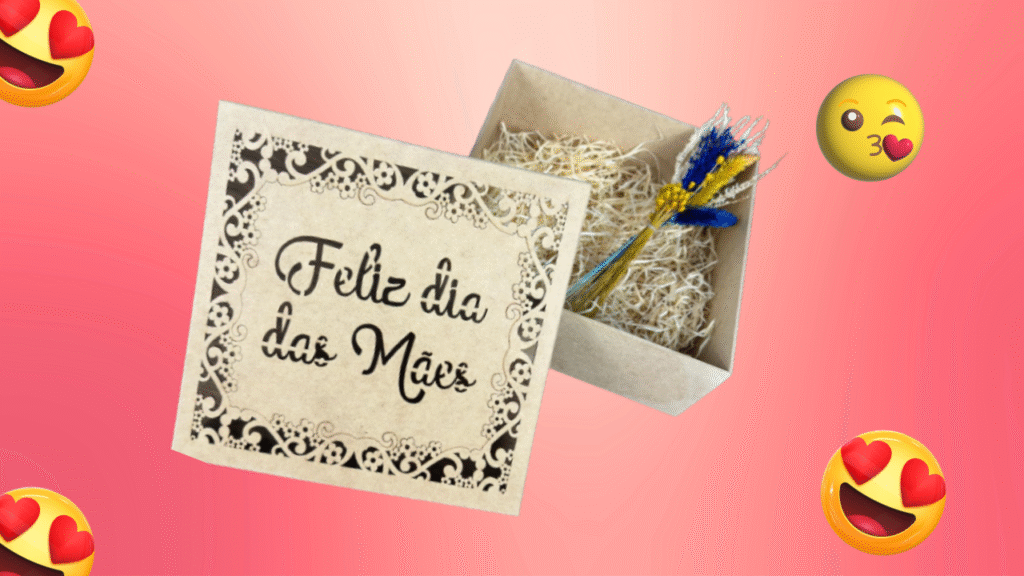 Caixa Em Mdf Palha e Raminho de Flores Corte a Laser Presente Surpresa Dia Das Maes Coracao Festa na Caixa 25cm x 25cm x 10cm 3